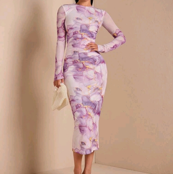 Women's Elegant Marble Print Draped Long Sleeve Fitted Dress, Autumn - Picture 1 of 5